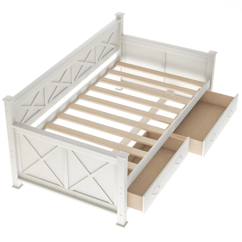 Lit de repos double en bois de style décontracté moderne et rustique avec 2 tiroirs de rangement et une tête de lit