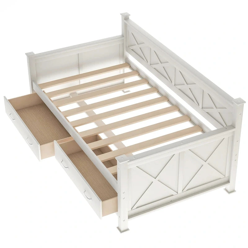 Lit de repos double en bois de style décontracté moderne et rustique avec 2 tiroirs de rangement et une tête de lit