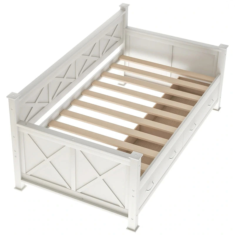 Lit de repos double en bois de style décontracté moderne et rustique avec 2 tiroirs de rangement et une tête de lit