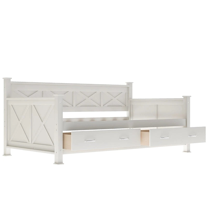 Lit de repos double en bois de style décontracté moderne et rustique avec 2 tiroirs de rangement et une tête de lit