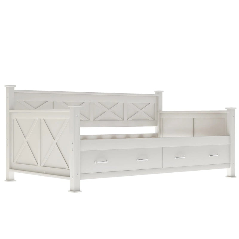 Lit de repos double en bois de style décontracté moderne et rustique avec 2 tiroirs de rangement et une tête de lit