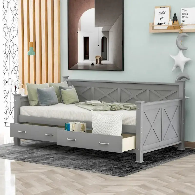 Lit de repos double en bois de style décontracté moderne et rustique avec 2 tiroirs de rangement et une tête de lit