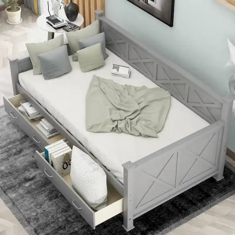 Lit de repos double en bois de style décontracté moderne et rustique avec 2 tiroirs de rangement et une tête de lit