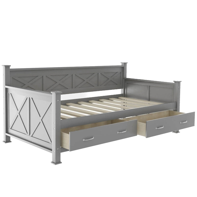 Lit de repos double en bois de style décontracté moderne et rustique avec 2 tiroirs de rangement et une tête de lit