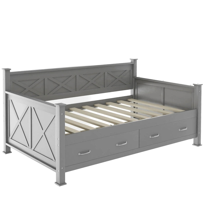 Lit de repos double en bois de style décontracté moderne et rustique avec 2 tiroirs de rangement et une tête de lit