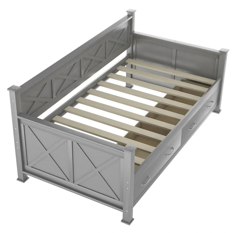 Lit de repos double en bois de style décontracté moderne et rustique avec 2 tiroirs de rangement et une tête de lit