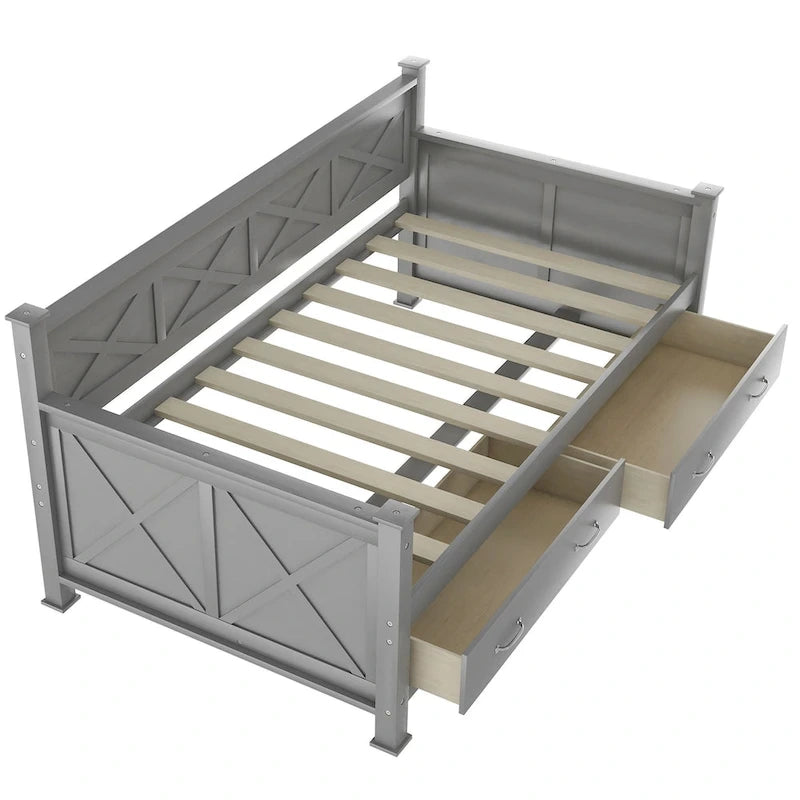 Lit de repos double en bois de style décontracté moderne et rustique avec 2 tiroirs de rangement et une tête de lit