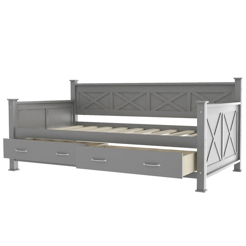 Lit de repos double en bois de style décontracté moderne et rustique avec 2 tiroirs de rangement et une tête de lit
