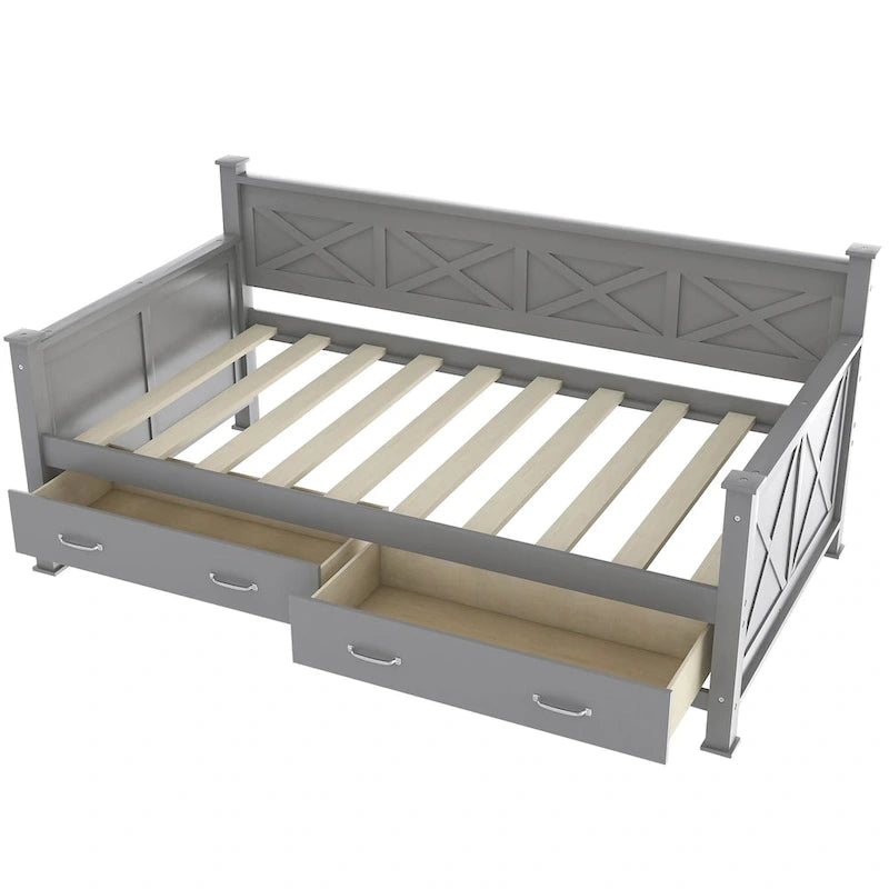 Lit de repos double en bois de style décontracté moderne et rustique avec 2 tiroirs de rangement et une tête de lit